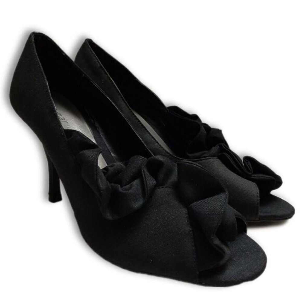 ANN MARINO Ruffle Detail Peep-Toe Slip-On High Heel Shoes Black Fabric Sz 9 M